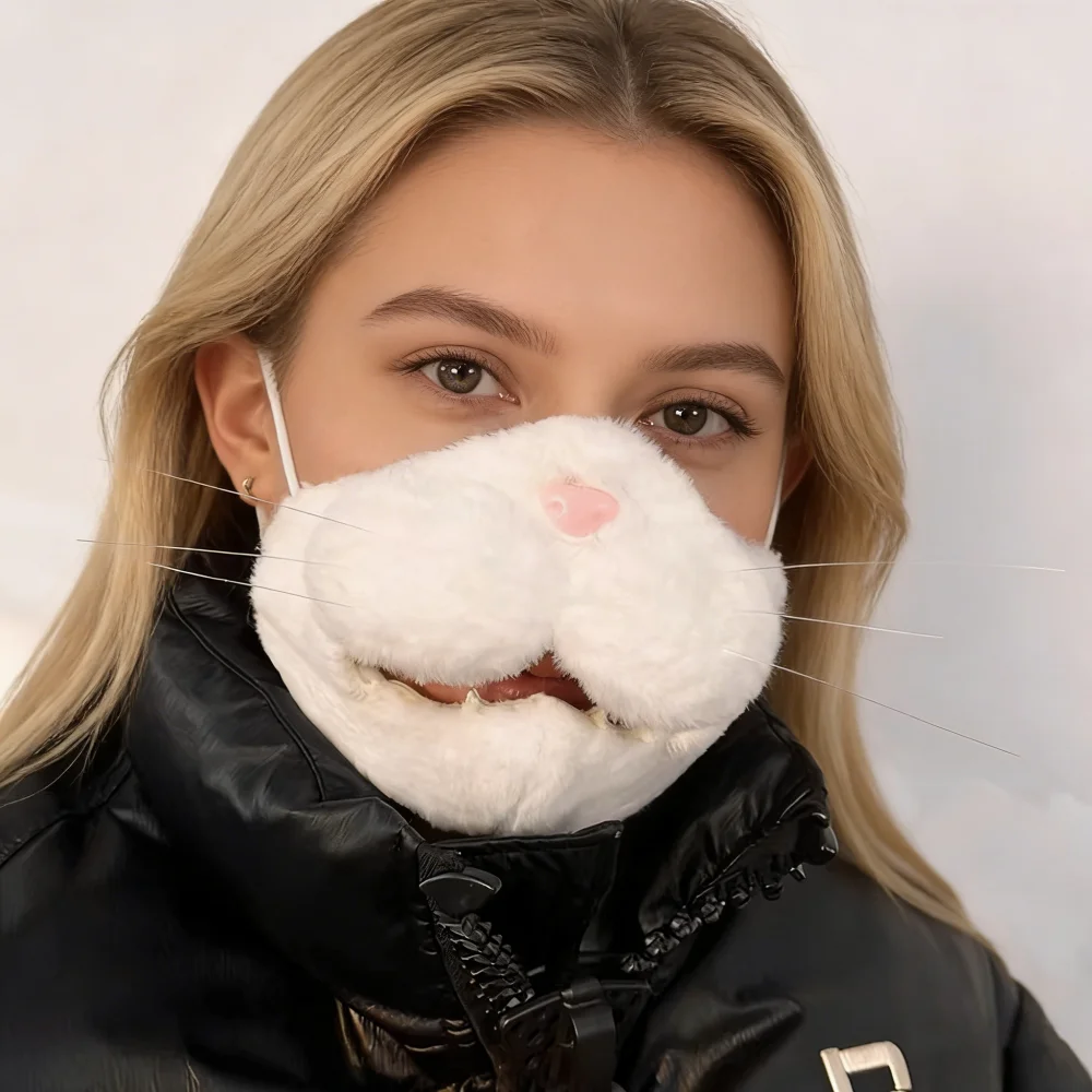 

3d White Cat Plush Mask Anime Cosplay Faux Fur Cat Mask Movable Jaw Half Face Cute Carnival Costume Cosplay Party Mask halloween