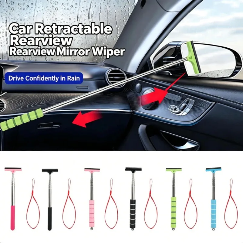 Retractable Car Rearview Mirror Wiper, Stainless Steel Vehicle Window Glass Squeegee, Anti-fog Cleaning Tool