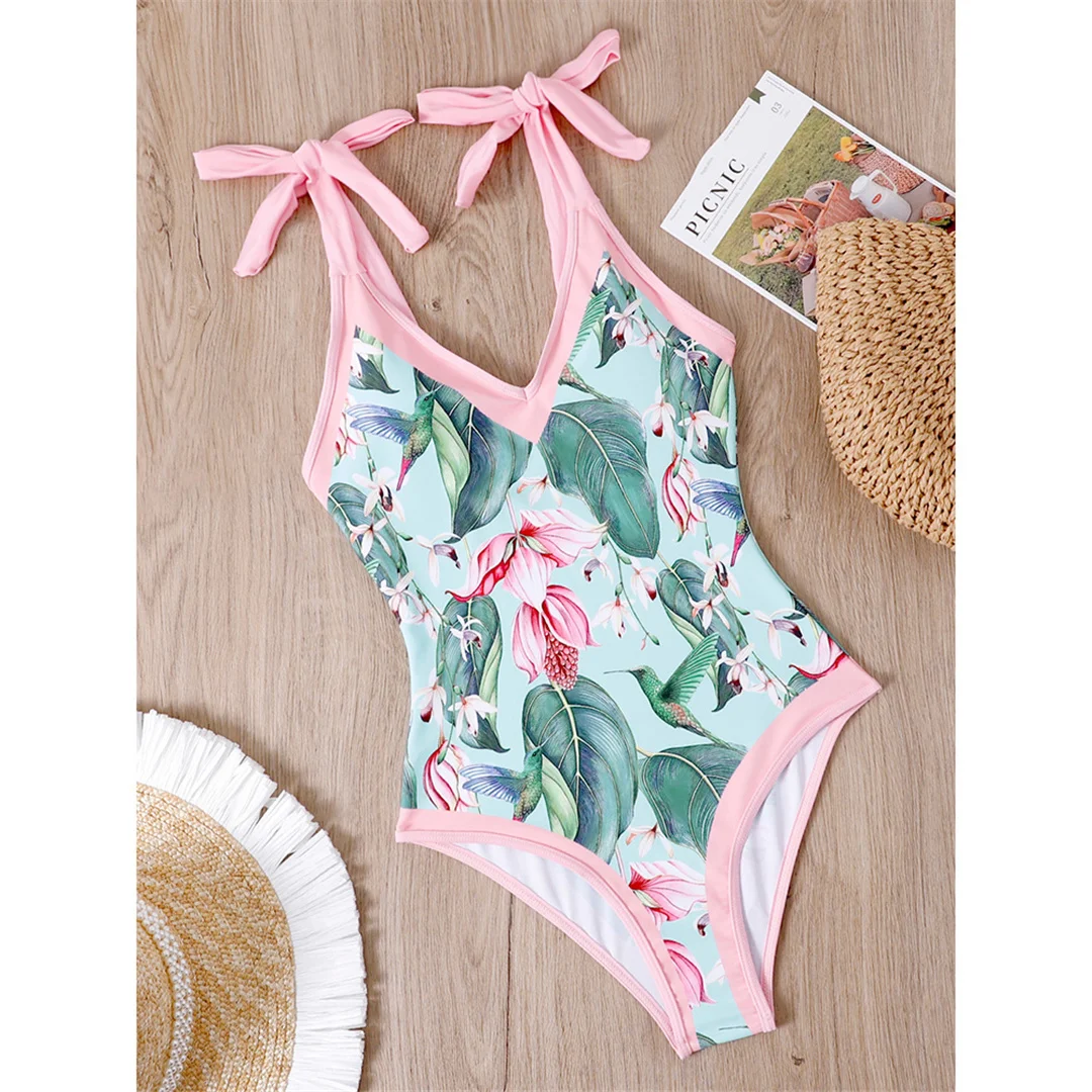 S - XL, einteiliger Badeanzug mit Blumenmuster und geknotetem Rock, Damen-Badebekleidung, Damen-Badeanzug mit Blumenmuster, V-Ausschnitt, Badeanzug, Modell V3965. – Detail 34