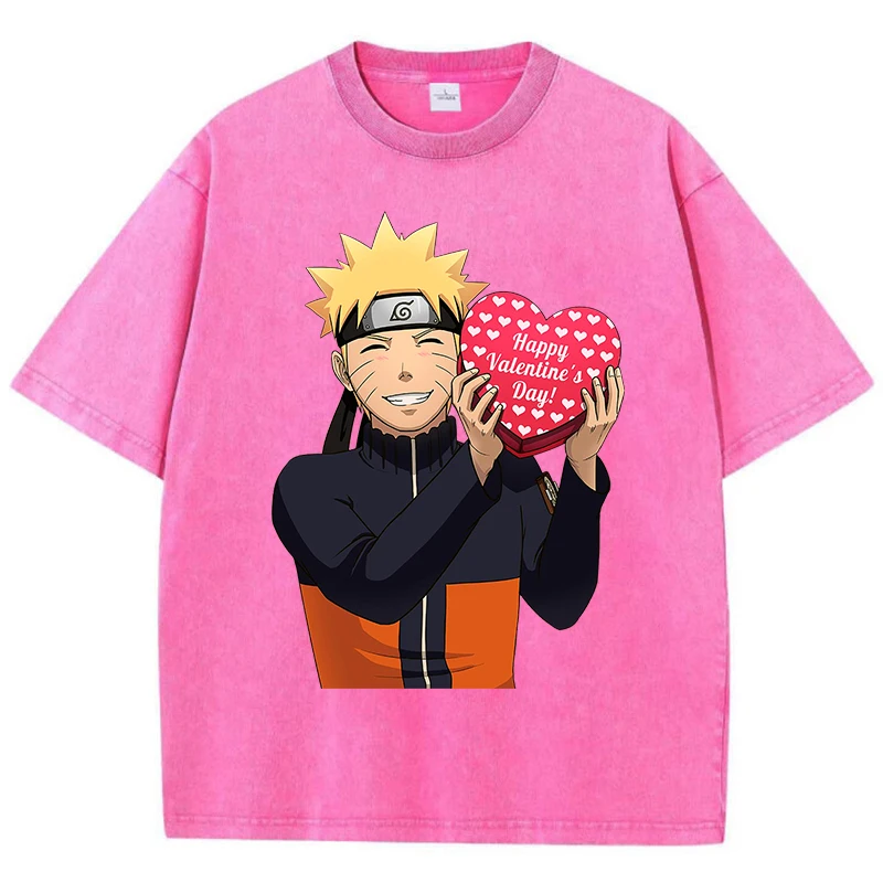 うずまき ナルト Uzumaki Naruto Happy Valentine Day T-Shirts Women Summer American Retro Cotton Loose Short T-Shirt Comics High Street