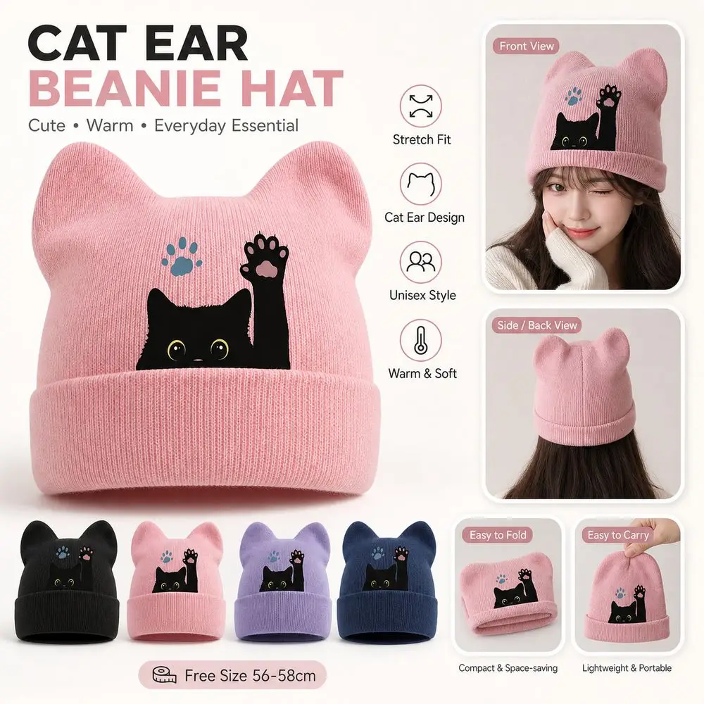 New Knit Cat Ear Beanie Hat Y2K Harajuku Stretchable Winter Knit Hat Punk Gothic Pullover Hat Casual Streetwear