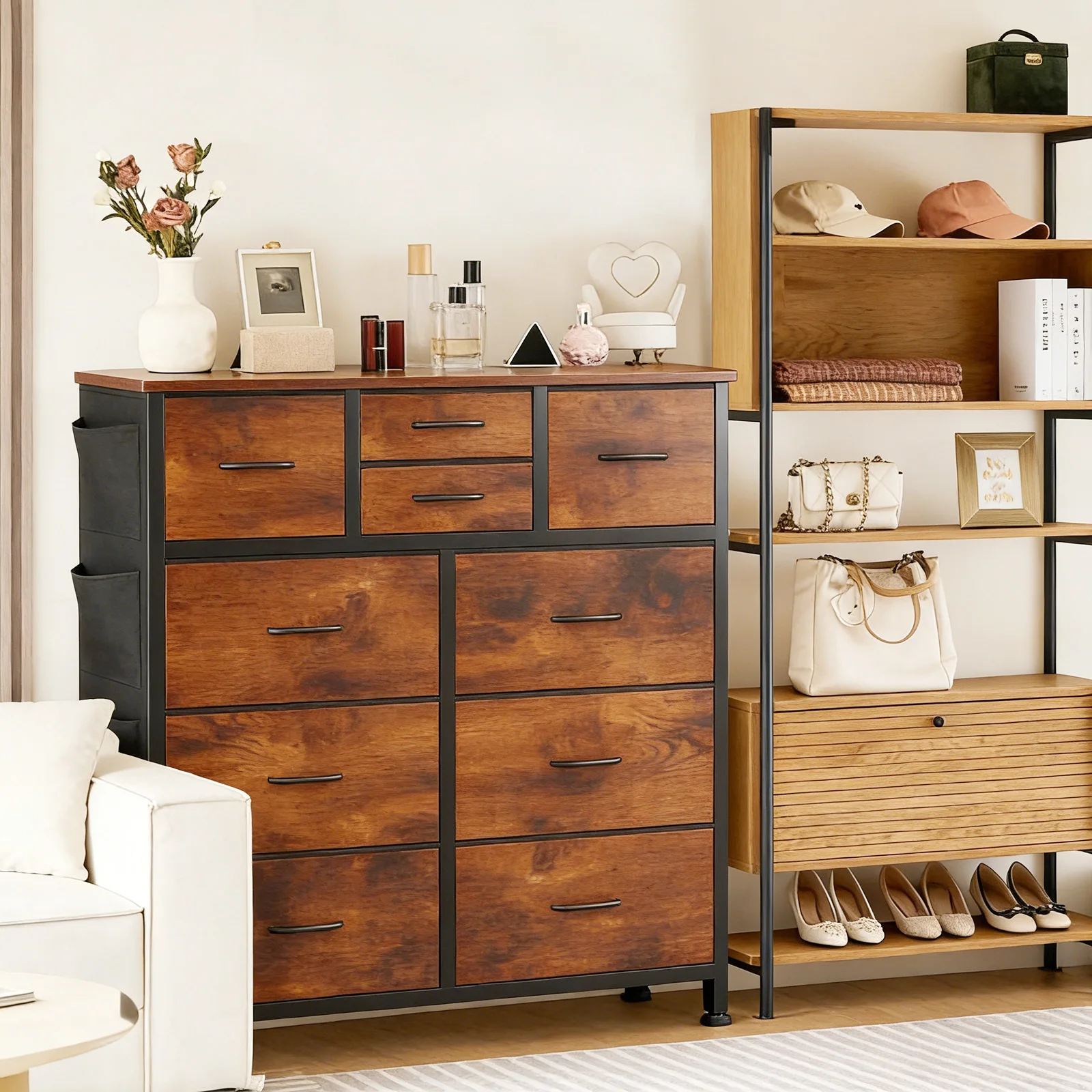 Living Room 10 Fabric Drawers With Side Bag Cabinet Storage Organizer Cabinet Steel Frame Assembly Closet For Furniture