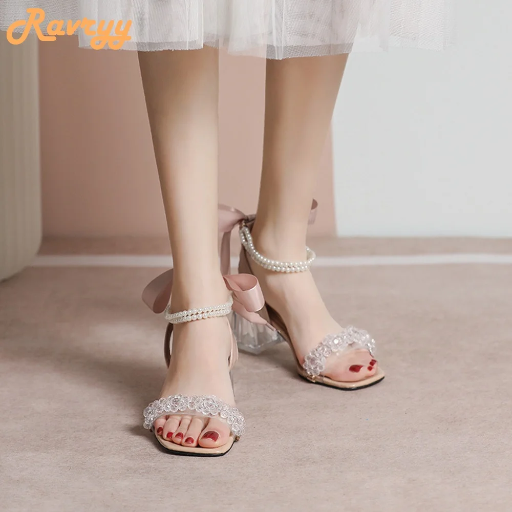 2024 New Fashion Butterfly Knot Sandals String Bead Pearl Clear Crystal Chunky Heel Sweet Shoes Square Toe Ankle Strap Sandals