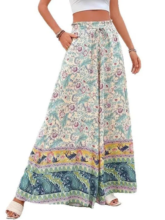 กางเกงขายาวเอวสูงทรงหลวมพิมพ์ลายปะติดสไตล์ลำลองแฟชั่นสตรีฤดูร้อน 2025 ผลิตในจีน