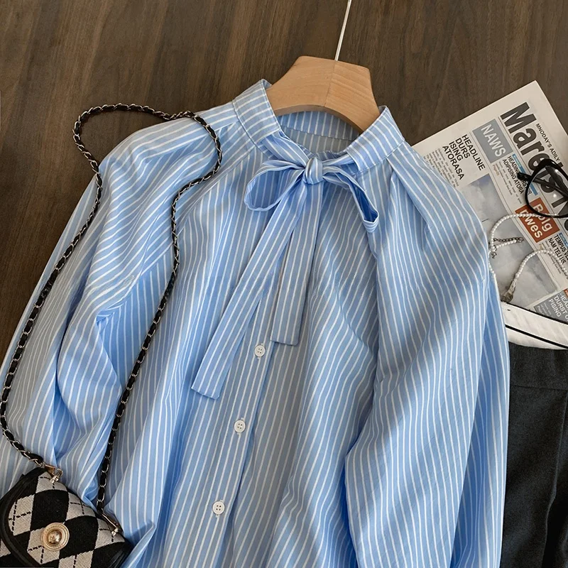 taglie forti 300 Pou Nodo a righe blu da donna irt Primavera Estate Autunno Abbigliamento interno Lungo Sve Loose Fit Ne