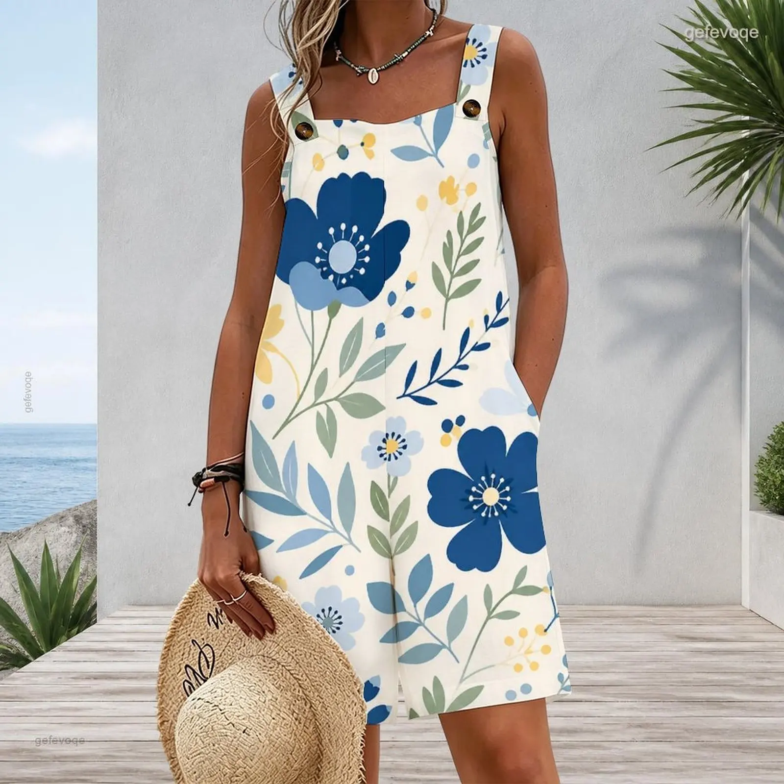 Women Romper with Print Button Straps Square Neck Sleeveless Loose Fit Pockets
