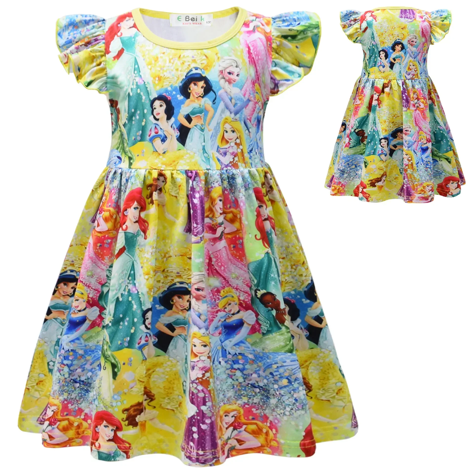 Disney Mickey Mouse Girls Dress Short Sleeve T-Shirt Cute Flying Sleeve Princess Skirt  Milk Silk Skirt