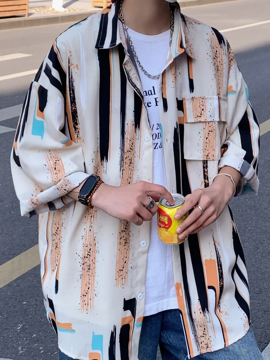 جديد 2025 الصيف التباين اللون قصيرة الأكمام قميص الرجال الكورية موضة فضفاضة مخطط قمصان رجالي عادية حجم كبير بلايز الرجال #6