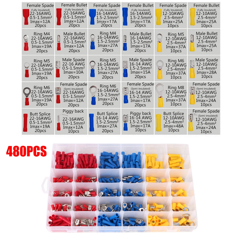 

Скрученные клеммы, наконечники для стыкового кольца, набор вилок, обжимной электрический провод, 280/480 шт., изолированный кабельный разъем, ассорти, комплект