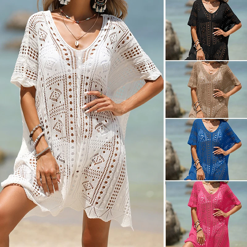 Ladies Sexy Deep V Bikini Cover up Knitting crochet Hollow Bathing Suit Summer Vacation Cover-ups Beach Dress