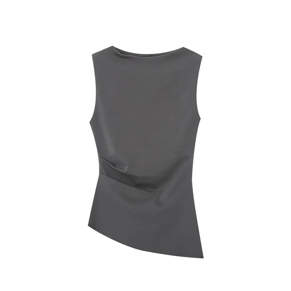 ملابس نسائية صيفية جديدة PB&ZA2025 ذات ثنيات غير متماثلة ومزاجية بسيطة ونحيفة بدون أكمام