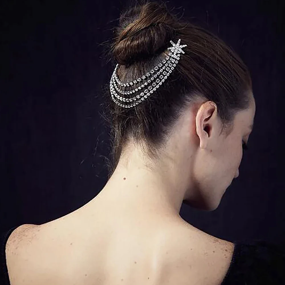 Fashion Crystal Star Tassle Combs for Women Bridal Jewelry Charming Rhinestone Hair Accessories Headpieces Chain Wedding Gifts