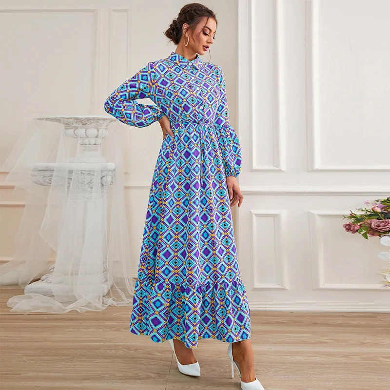 New Hot Selling Long Sleeve Dress Retro Waist Print A-line Long Dress in Europe and America Vestidos