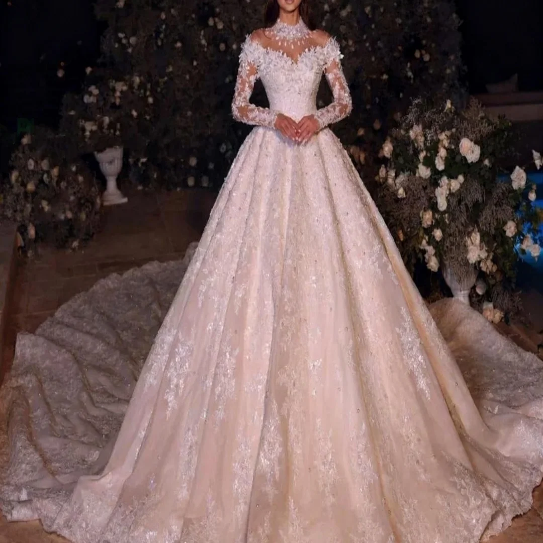 

Customized Elegant A-Line Wedding Dresses With Lace Pearls Sequin Formal Bride Porm Party Gowns