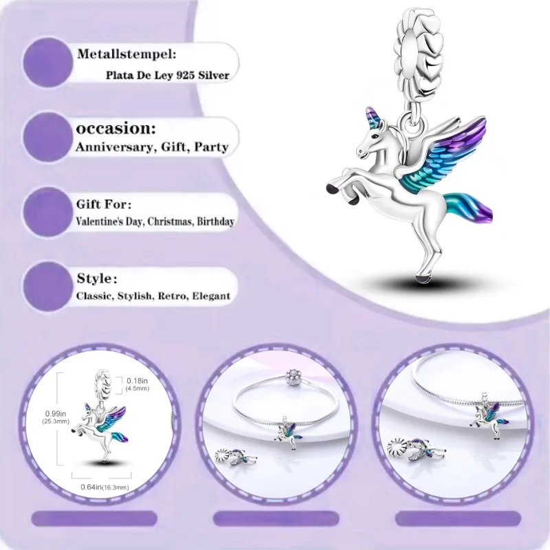 

925 sterling silver colorful pendant lucky unicorn pendant, suitable for original bracelet DIY women's jewelry gifts