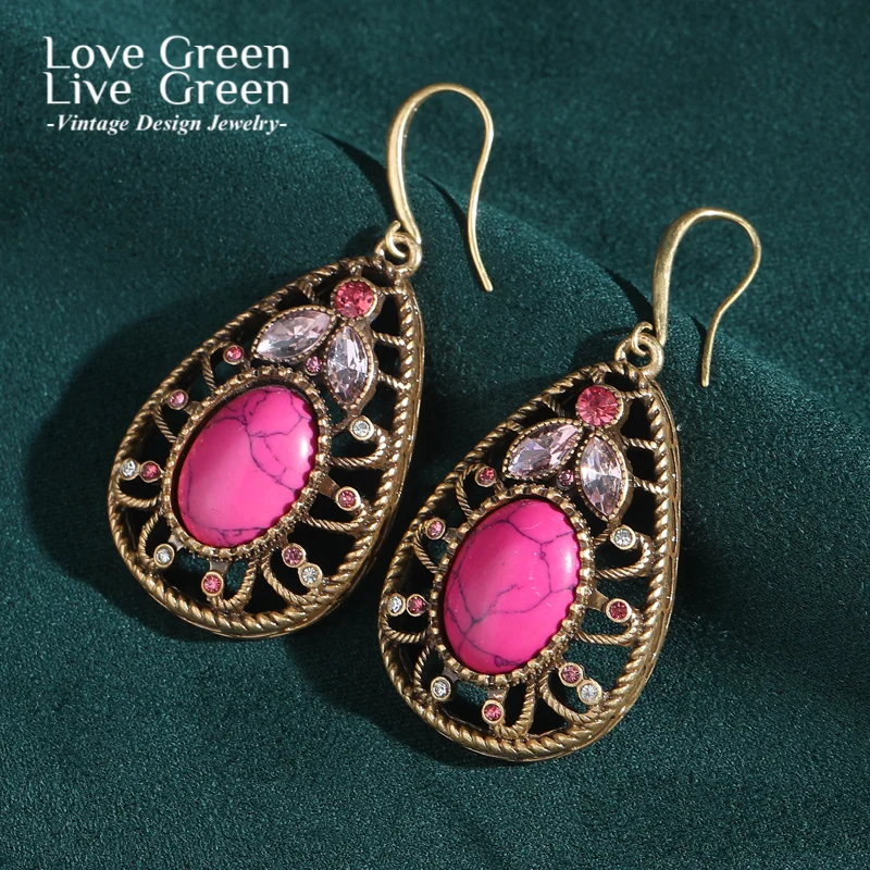 

Vintage Rose Natural Stone Water Drop Earrings Hook Woman Gold Color Leaf Rhinestone Luxury Quality Jewelry Retro Antique 2025