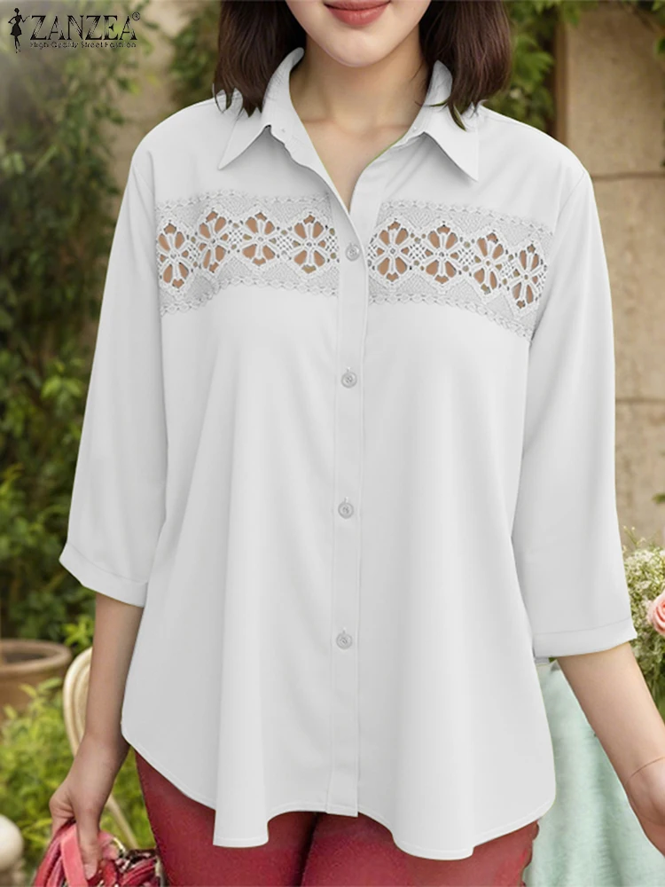 

ZANZEA Elegant Women Shirts 3/4 Sleeve Lapel Neck Casual Blouse 2025 Fashion Lace Tops Patchwork Loose Solid Color OL Blusas