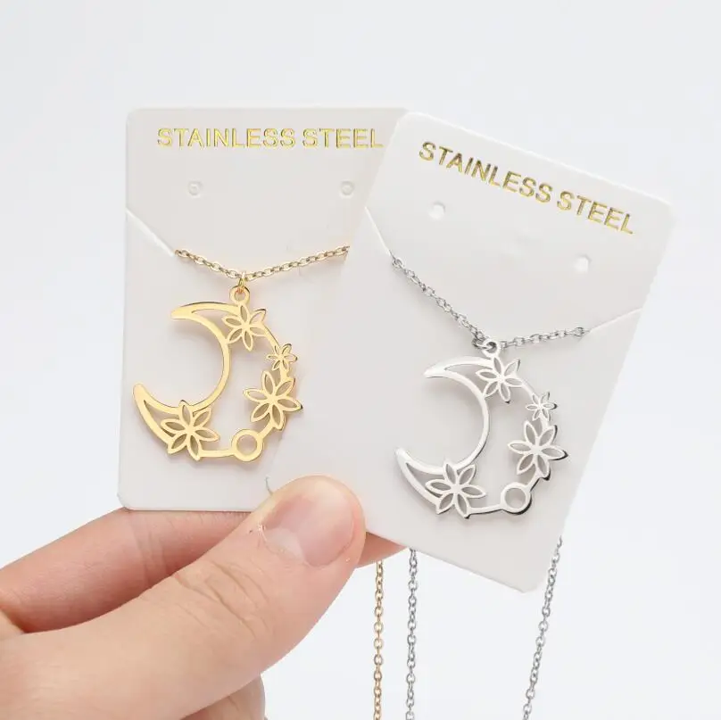 SMJEL Vintage Crescent Flower Stainless Steel Necklace Moon Star Witch Pendant Necklace for Women Chain Jewelry Party Gift