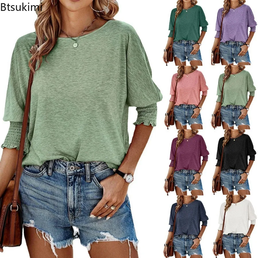 

2024 Women's Elegant Ruffle Sleeve T-shirts Solid Spring Summer Round Neck Casual Streetwear Loose Tee Shirts Tops Women T Shirt