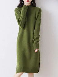 Women's Sweater Dress 100% Merino Wool Knitwear Mock Neck Pullover Cashmere Split Solid Soft Basic Autumn Winter Skirts Clothing