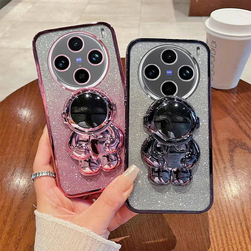 X100 X90 Astronaut Holder Phone Case For VIVO X100 Pro X90 ProPlus X80 Pro X70 X60 X27 X23 X21 Plating Glitter Back Cover