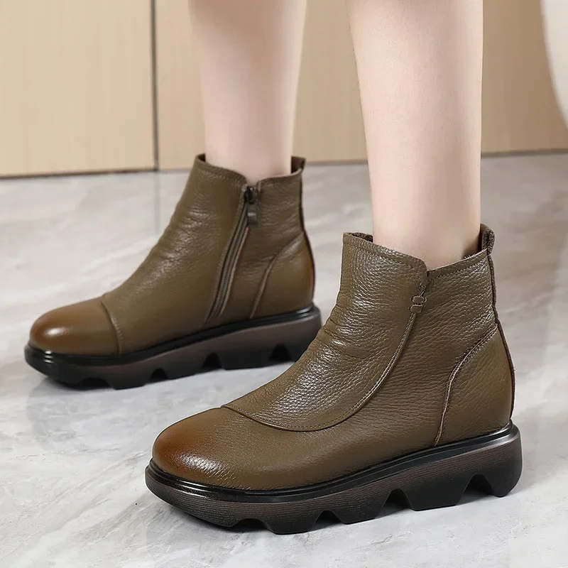 Chimney Booties Woman Winter Plush Spring Autumn Ankle Warm Natural Soft Platform Wedge Genuine Leather Boots Shoes