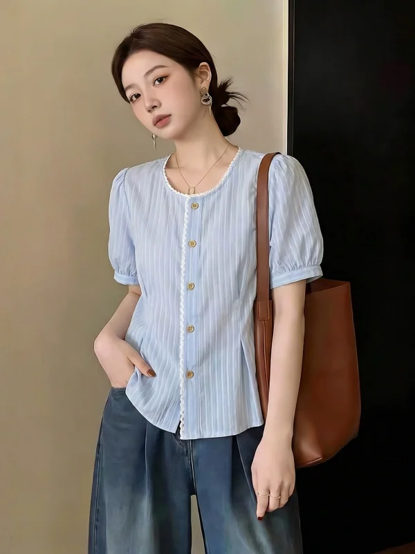 

Light Blue Striped Short Sleeve Shirt Women's Summer New plus Size Doll Top Anti-Aging Korean Style Bubble Sleeve round Neck