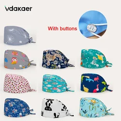 With Buttons Multicolor Cartoon print hats adjustable Scrub cap beauty salon nursing cap laboratory pet shop fashion scrub hats