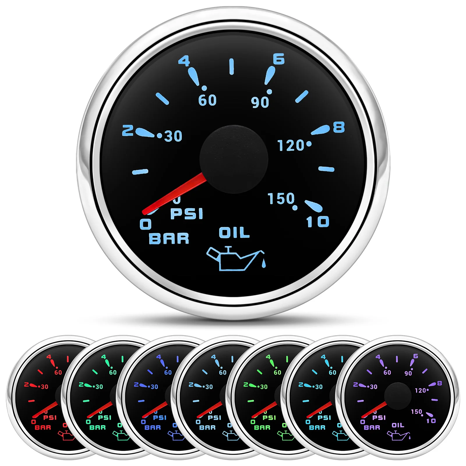 Waterproof 52mm Oil Pressure Gauge 5Bar 10Bar Oil Press Meter Indicator 7 Color Light for Auto Car Marine Boat Yacht 12V 24V