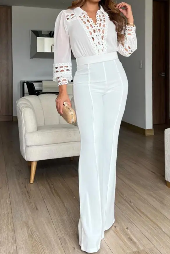 2025年 レディース ターン ダウンカラー オーバーラップ Vネック コントラスト レース ジャンプスーツ カジュアル ハイウエスト シーム フロント ワイドレッグ ジャンプスーツ ベルトなし