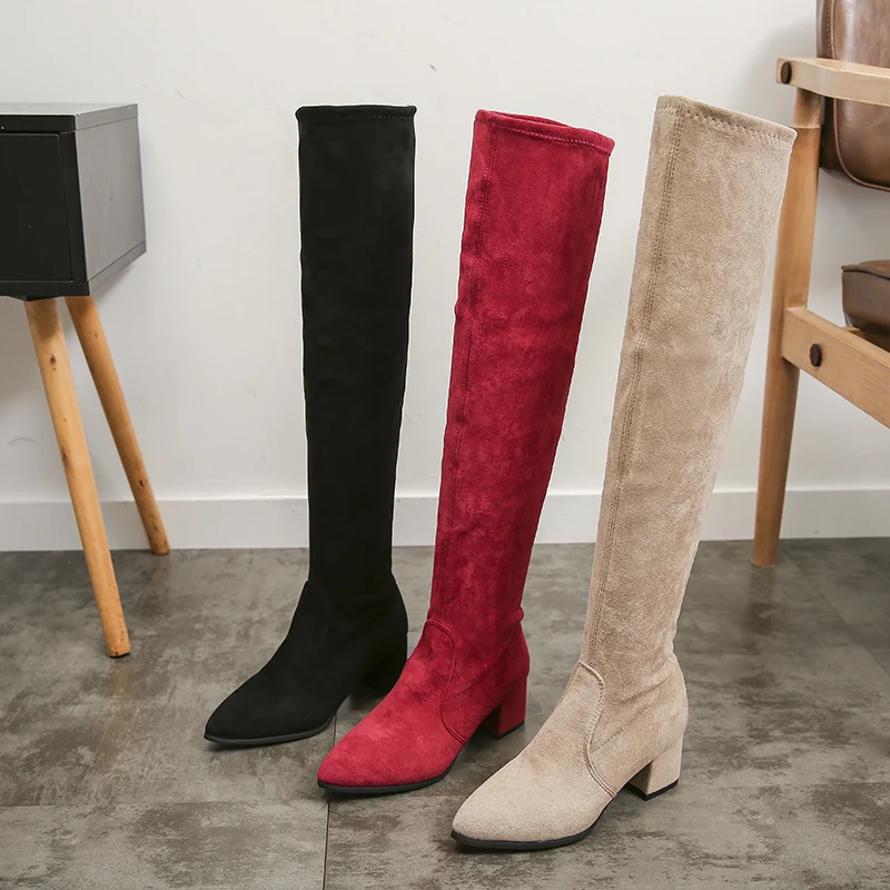 Botas altas hasta el muslo para mujer, zapatos por encima de la rodilla, Sexy, de tacón alto, de piel roja y cálida, color negro, invierno, 2021