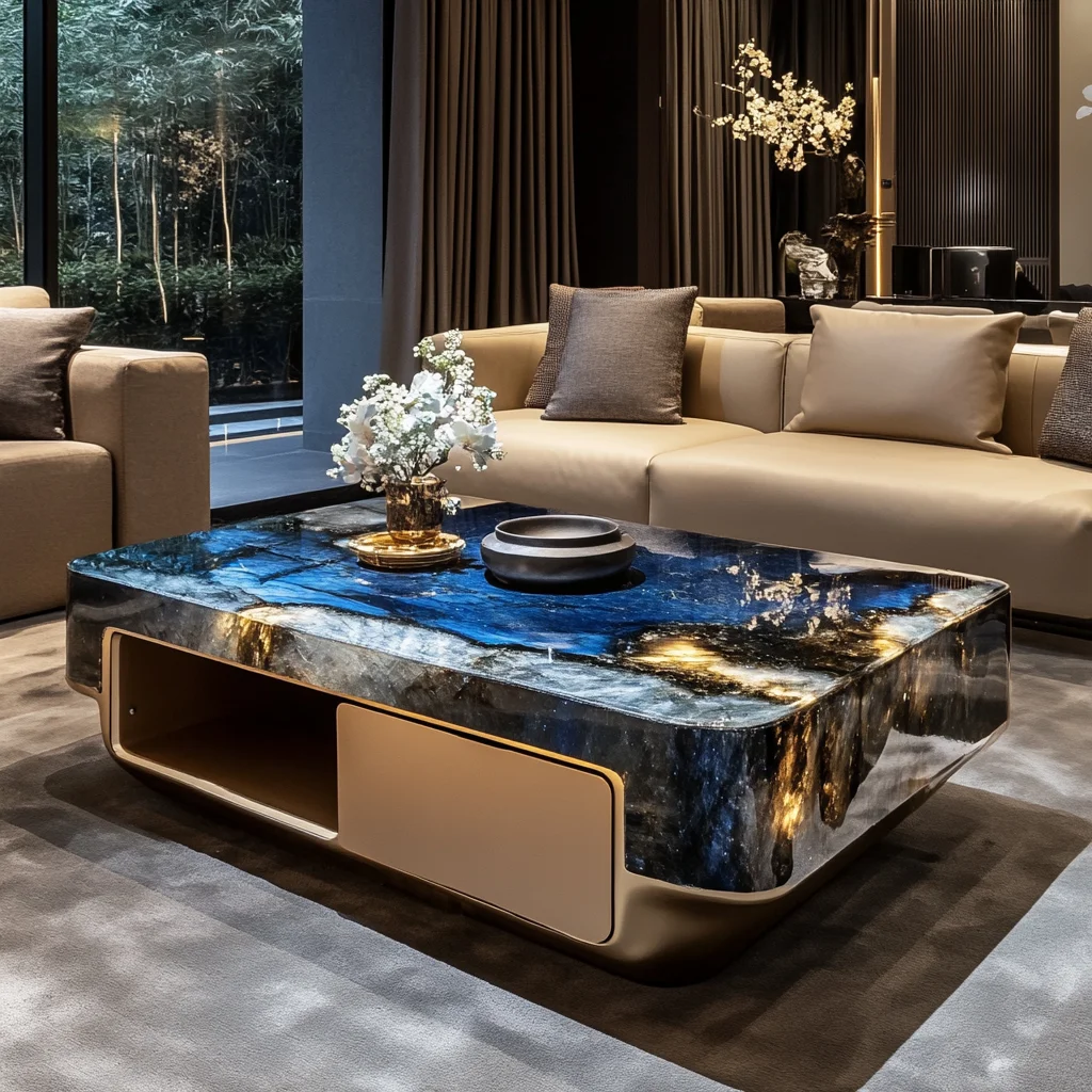 

High-quality luminous leather blue jadeite jade coffee table living room square modern design luxury stone