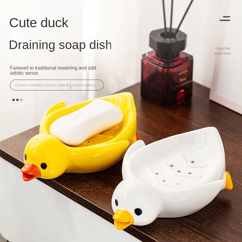 Cartoon Creative Ceramic Soap Box Cute Duck Soap Box Shelf Toilet Soap Plate Holder with No Water Accumulation