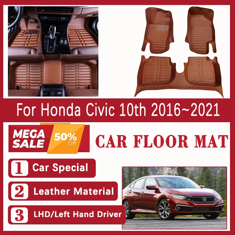 

Car Floor Mat For Honda Civic 10th Gen 2016 2017 2018 2019 2020 2021 Leather Carpet Foot Cover LHD Rug Auto Interior Accessories