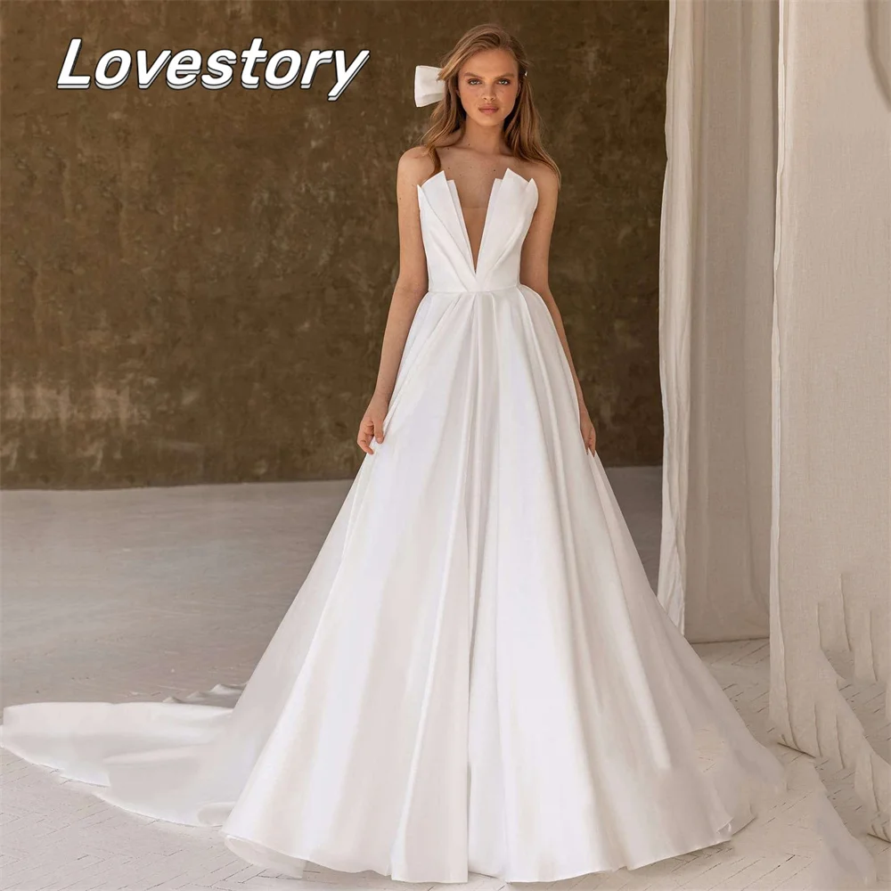 

Elegant Simple A-Line Wedding Dresses Sleeveless Bride Robes V-Neck Court Train Bridal Gowns Sexy Backless Vestidos De Noiva