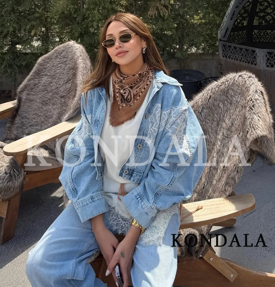 

KONDALA Trendy Denim Lace Jacket Women High Street Holiday Leisure Jacket 2026 Spring Beach Party Elegant Ladies Buttons Jacket
