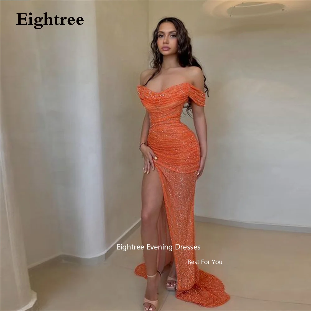 Eightree Sexy Evening Dresses Meramid Organge Off The Shoulder Leg Slit Sequined Party Dresses Formal Occasion Dresses 2023