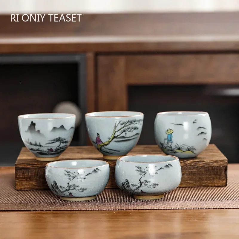 

Boutique Ru Kiln Ceramic Teacup Travel Personal Meditation Cup Hand Painted Tea Bowl Master Cup Handmade Tea Set Accessories