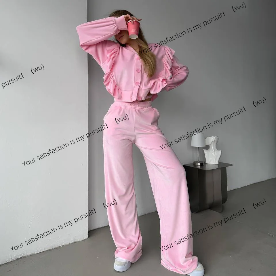 

Retro velvet ruffle edge suit women's high-end sense casual fashion temperament two-piece suit women