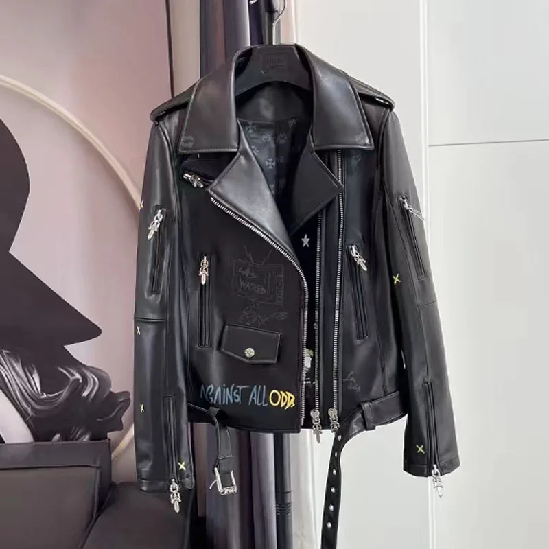 Red Color Coat Spring Autumn 2022 New Arrival Genuine Leather Jacket Import Real Sheepskin Clothes Pattern Of Letters Locomotive