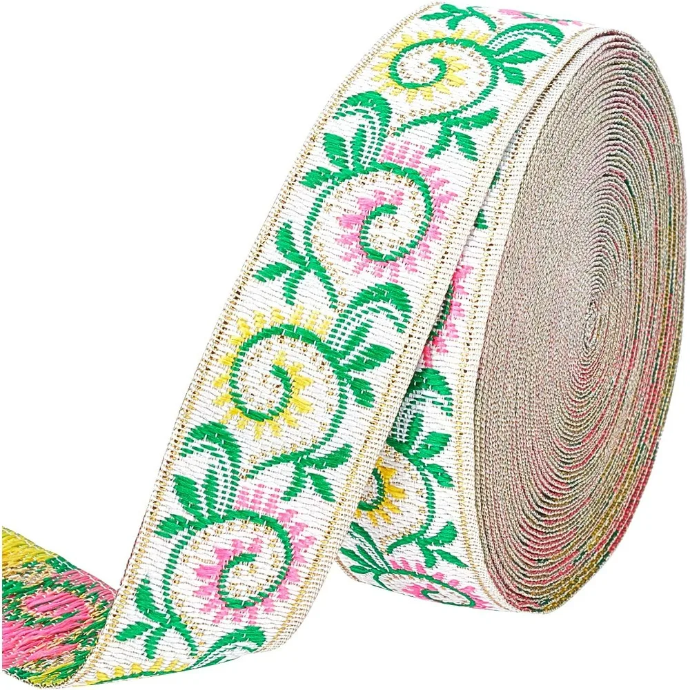 7.7 Yard 1 Inch Vintage Jacquard Ribbon Emobridered Woven Green Leaves Ribbon Fabric Trim Fringe for DIY Clothing Accessories