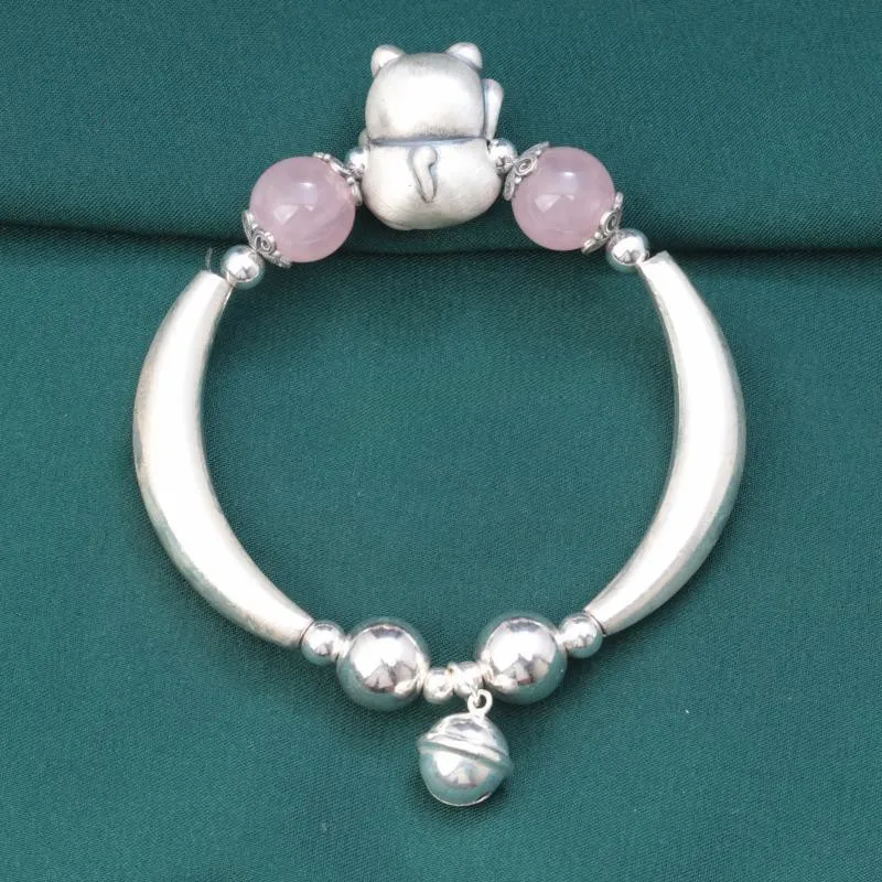 Imagem -04 - Pulseira de Prata Esterlina para Mulheres Cotovelo Gato Pulseiras Sino para Meninas Pulseira Frisada de Quartzo Rosa Étnica Vintage Jóias Artesanais Sl119 925