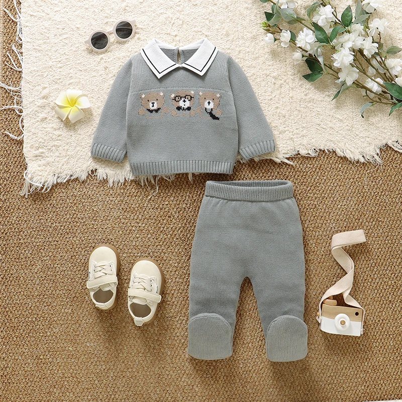 ベビー服セット綿ニット幼児男の子女の子セーターパンツかわいい漫画クマ新生児プルオーバー長袖ズボンフットラップ