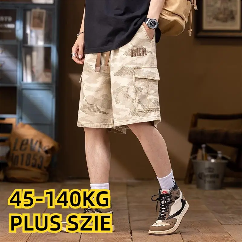 Calções masculinos camuflados de carga, calças com cordão de algodão elástico, calças curtas retas soltas, casuais masculinas para trabalho, plus size, verão