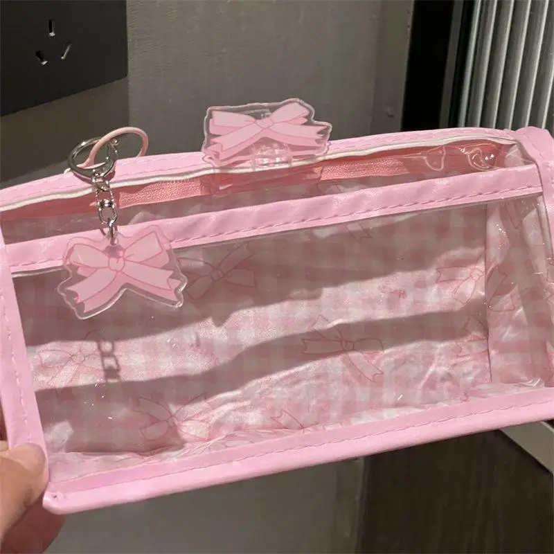 Transparent Pencil Case With Sweet Bow Design – Large Capacity Zippered Stationery & Makeup Bag For Students
