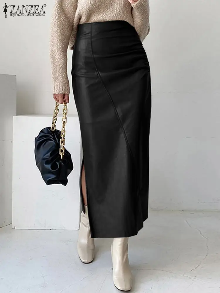 

ZANZEA 2024 Holiday Side Slit Hem Skirt Women PU Leather Maxi Skirts Fashion High Waisted Jupe Vintage Pleating Wrap Hips Faldas