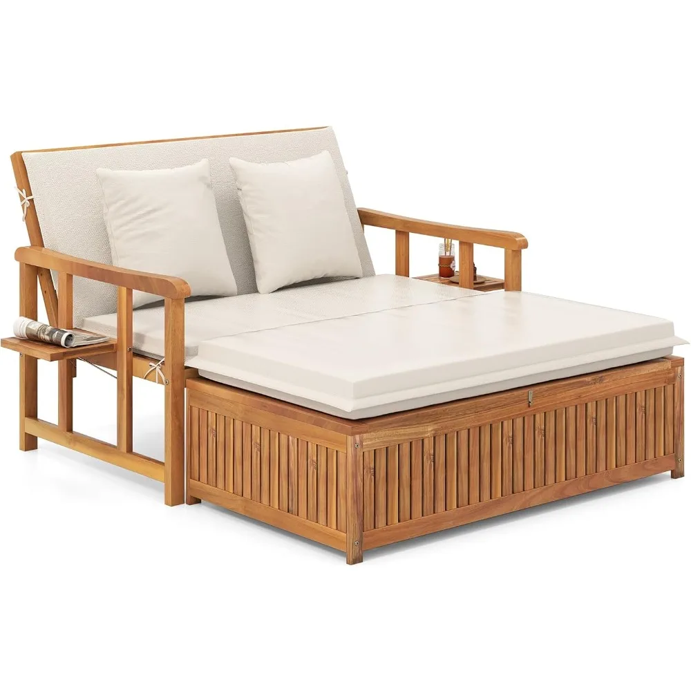 

Outdoor Wood Daybed, Solid Acacia Wood Loveseat & Storage Ottoman w/ 4-Level Backrest & Removable Cushions, Patio Loveseat Recl
