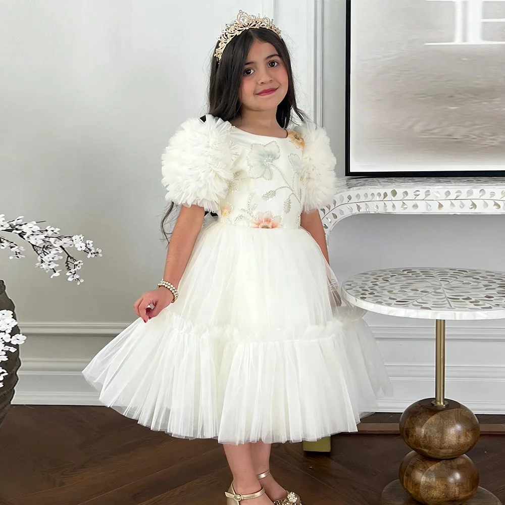 

Cute Ivory Flower Girl dresses Tulle Dress for girls Tea-Length Birthday Dress Puffy Girl Princess Dress Elegant Kids' dresses