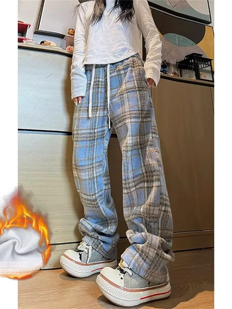 

Ice Blue Woolen Plaid Pants Men's Thiened Straight Leg Casual Long Trousers Autumn Winter Fce Lined Vintage Sle