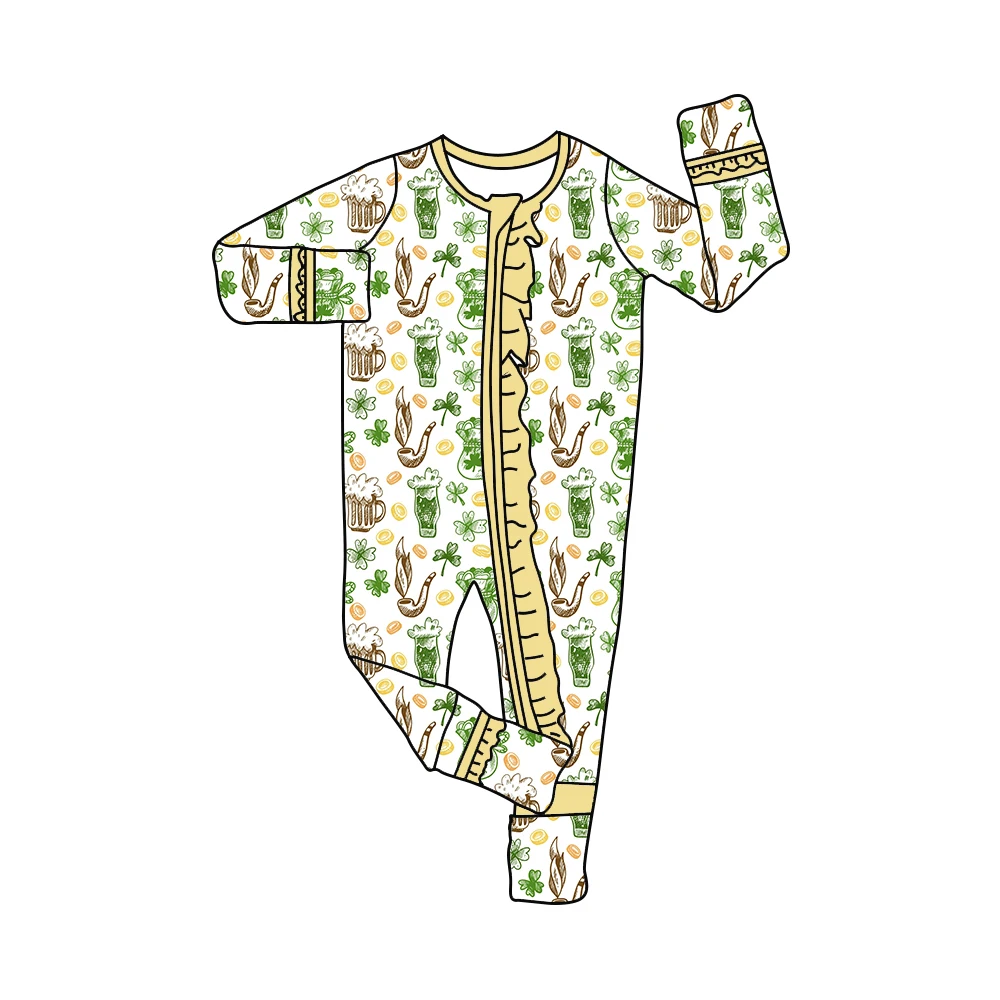 St. Parker's Day Girls Jumpsuit Boutique Kids Suit Long Sleeve Lace Clover Flower Print Baby Zipper Jumpsuit Girls Boys Clothing